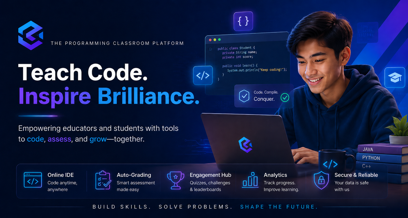 Programming classroom banner: Teach Code. Inspire Brilliance.